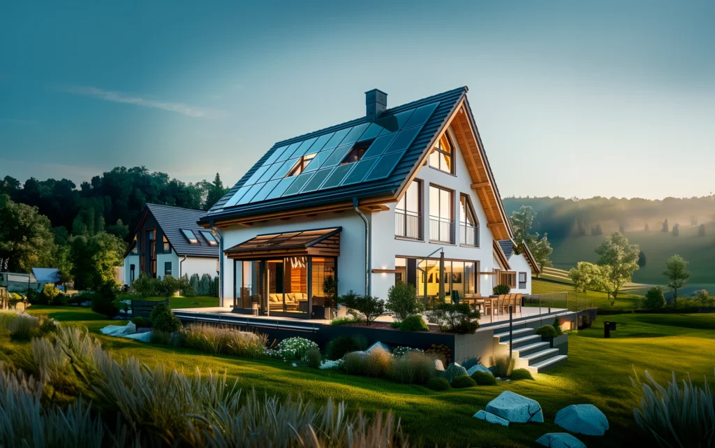 Ein modernes Haus mit Solarpanelen auf dem Dach in einer grünen, ländlichen Umgebung