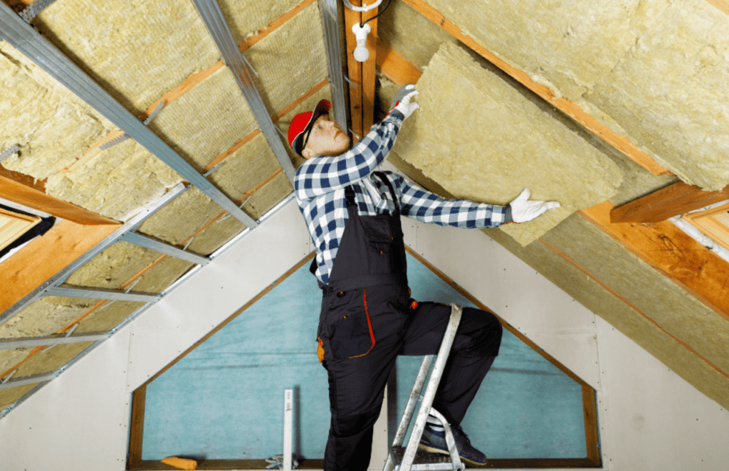 Ein Arbeiter installiert Dämmmaterial an einer Dachschräge eines Hauses