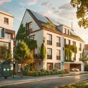 Moderne Wohnhäuser mit Solarpanelen und begrünten Fassaden in einer städtischen Umgebung